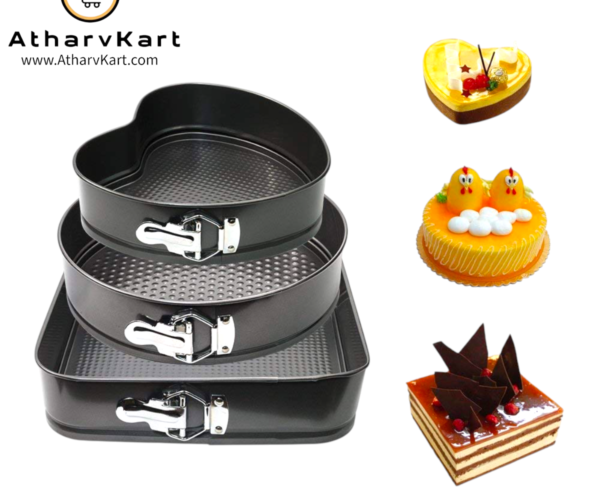 Cake Mould 3 in 1, Teflon Coated Springform | Heart Round and Square Shape Cake Maker Non-Stick Cake Baking Tray, Removable Cake Base Mould (20-22-24cm)