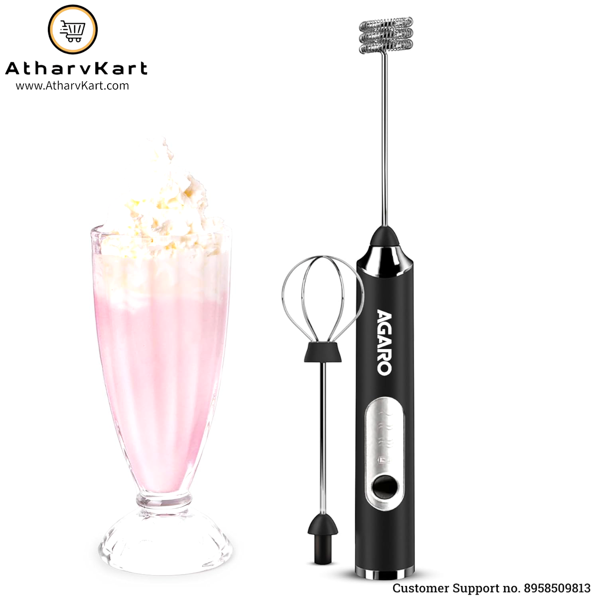 AGARO Royal Milk, 3‑Speed Electric for Coffee with Whisk and, Mixer, Stand‑up Design, for Cream (Whisk Milk), Rechargeable, Stainless Steel